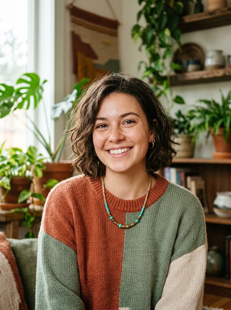 Laana, het AI-gegenereerde personage van de app: een jonge vrouw met kort golvend bruin haar in warm daglicht.